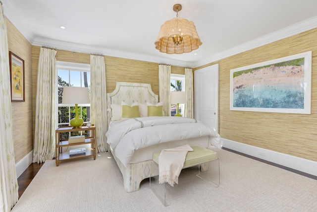 bedroom featuring wallpapered walls, recessed lighting, baseboards, and ornamental molding