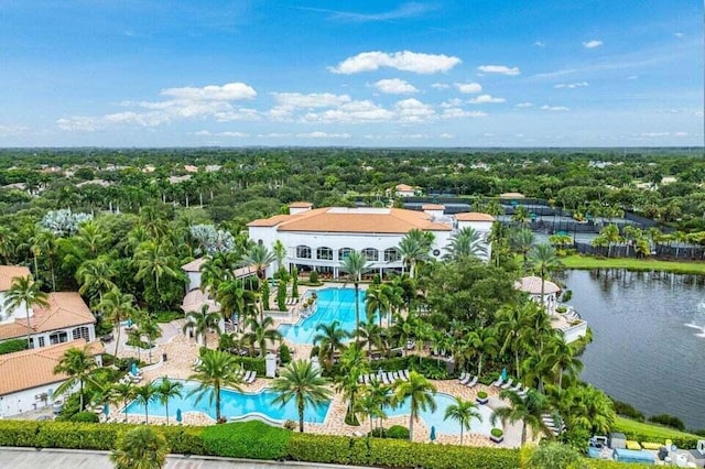 drone / aerial view with a water view