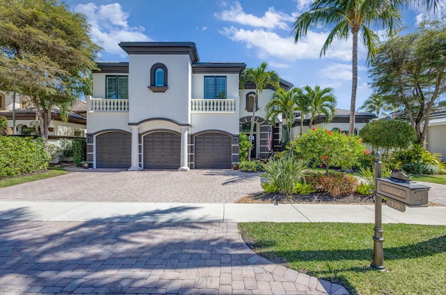 mediterranean / spanish house with stucco siding, decorative driveway, a garage, and a balcony