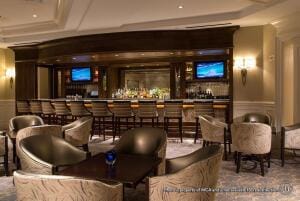 bar featuring a tray ceiling, a community bar, and wainscoting