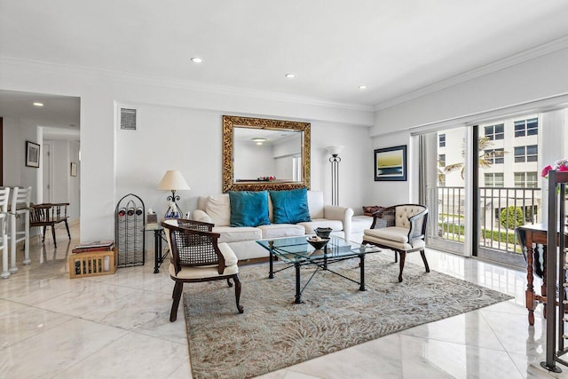 living area featuring crown molding, recessed lighting, visible vents, and marble finish floor