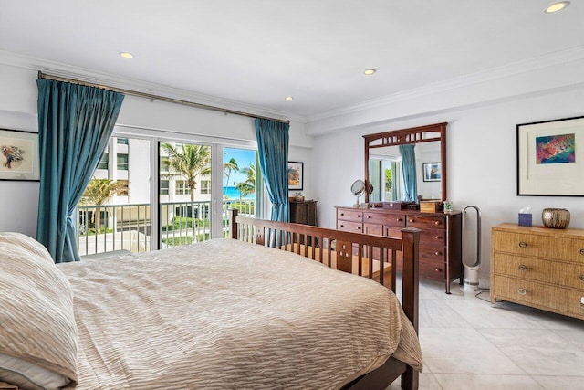 bedroom with light tile patterned floors, ornamental molding, and access to outside