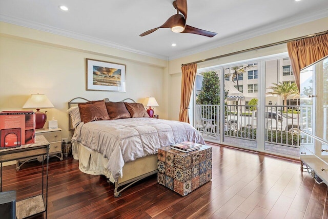 bedroom with access to exterior, wood finished floors, and ornamental molding