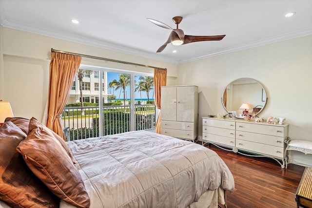 bedroom with recessed lighting, access to exterior, dark wood-style flooring, and ornamental molding