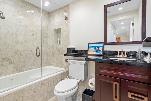 full bath with visible vents, toilet, recessed lighting, tiled shower / bath combo, and vanity