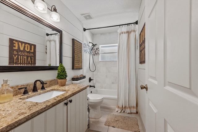 bathroom with visible vents, toilet, shower / bath combo with shower curtain, tile patterned floors, and vanity