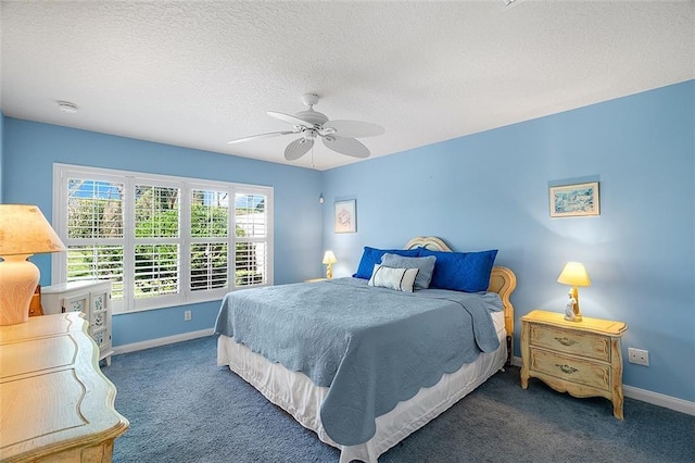 bedroom featuring a textured ceiling, a ceiling fan, baseboards, and carpet floors