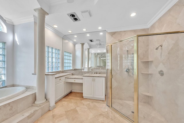 full bath featuring visible vents, decorative columns, a shower stall, crown molding, and a bath