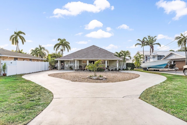 view of front of house with a front lawn, fence, and curved driveway