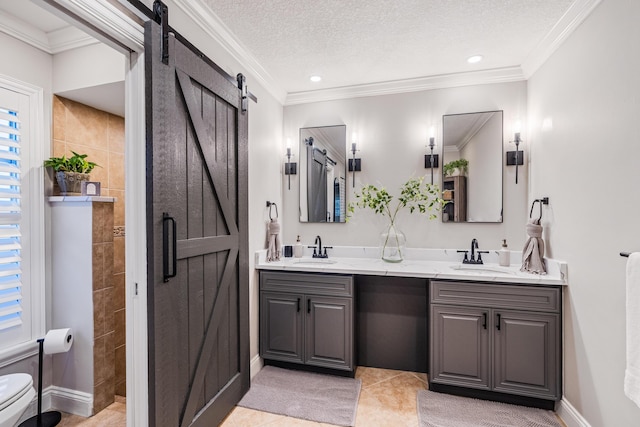 bathroom with a sink, a textured ceiling, ornamental molding, and double vanity