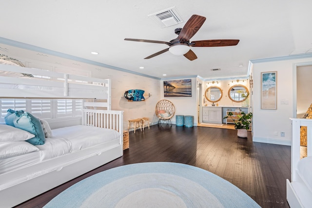 bedroom with recessed lighting, visible vents, wood-type flooring, and ornamental molding