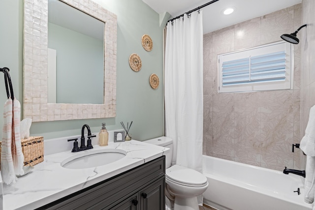 bathroom featuring recessed lighting, toilet, vanity, and shower / bathtub combination with curtain