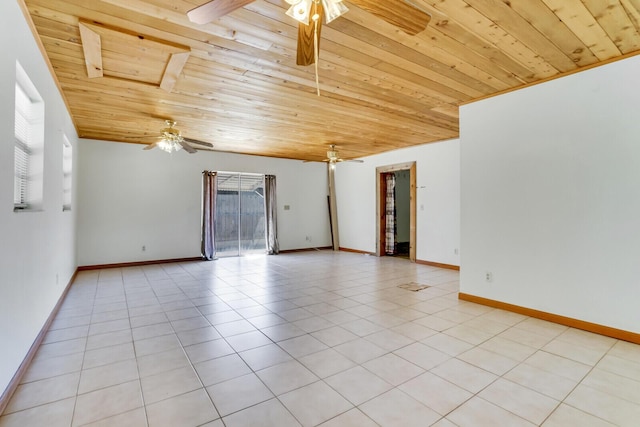 empty room with wooden ceiling, light tile patterned flooring, and a ceiling fan