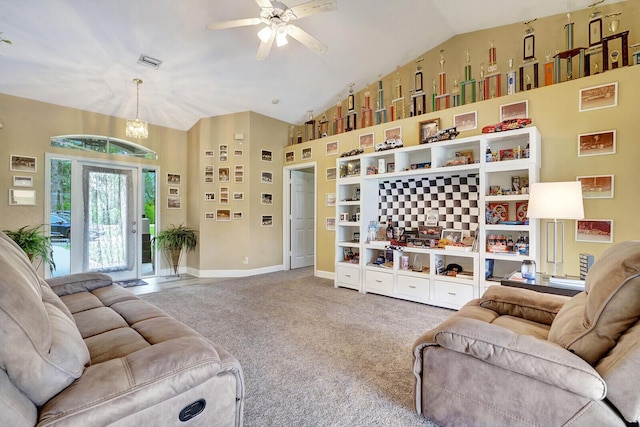 carpeted living room featuring visible vents, baseboards, a ceiling fan, and vaulted ceiling