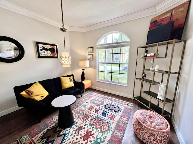 sitting room with a textured ceiling, wood finished floors, baseboards, and ornamental molding