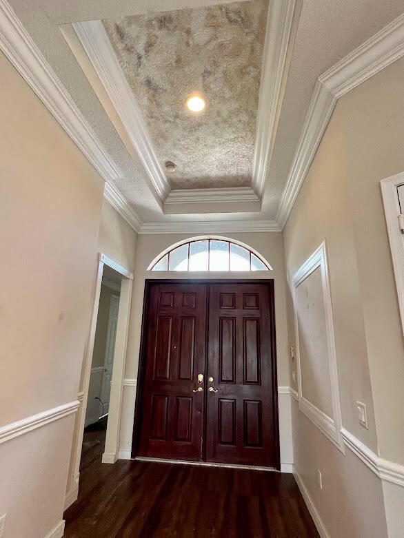 foyer with a raised ceiling, wood finished floors, baseboards, and ornamental molding