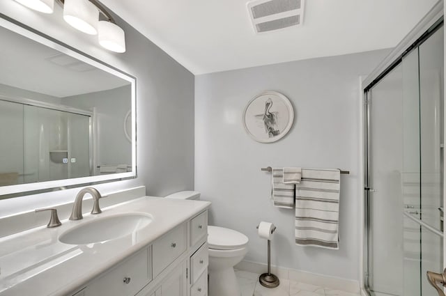 full bath featuring visible vents, a shower stall, baseboards, toilet, and marble finish floor