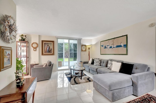 living room featuring light tile patterned flooring