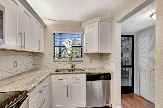 kitchen featuring a sink, light stone countertops, dishwasher, and wood finished floors