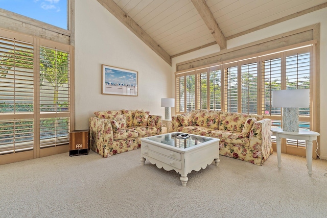 living room featuring beamed ceiling, carpet floors, high vaulted ceiling, and wood ceiling