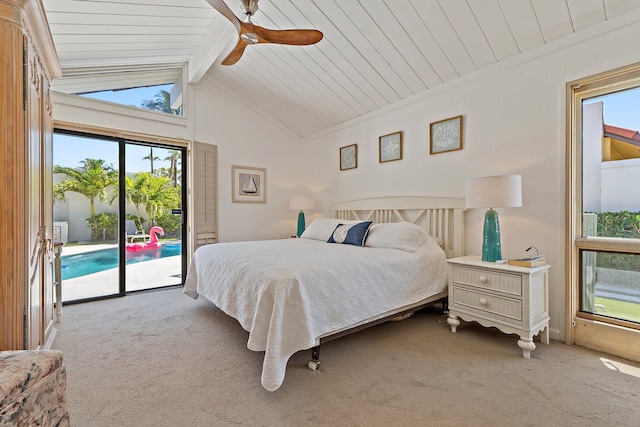 bedroom with a ceiling fan, access to exterior, lofted ceiling with beams, and carpet