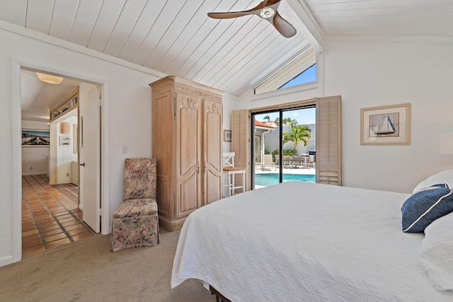 carpeted bedroom with a ceiling fan, access to outside, vaulted ceiling with beams, and wood ceiling