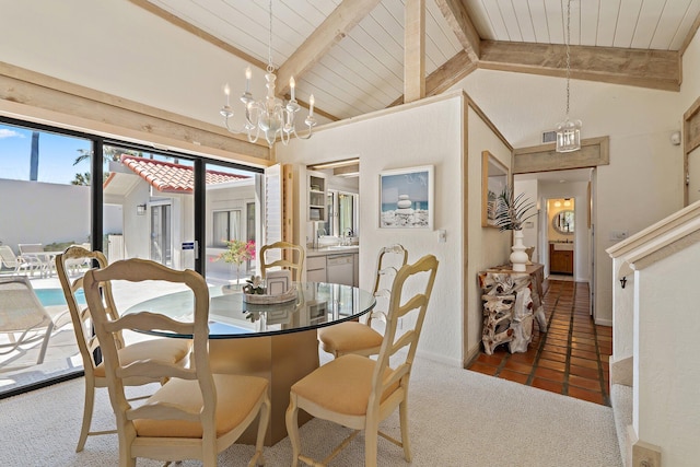 carpeted dining room featuring wood ceiling, tile patterned floors, vaulted ceiling with beams, and an inviting chandelier