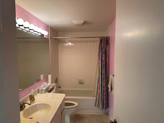 full bath with tile patterned flooring, toilet, vanity, and shower / bath combination with curtain