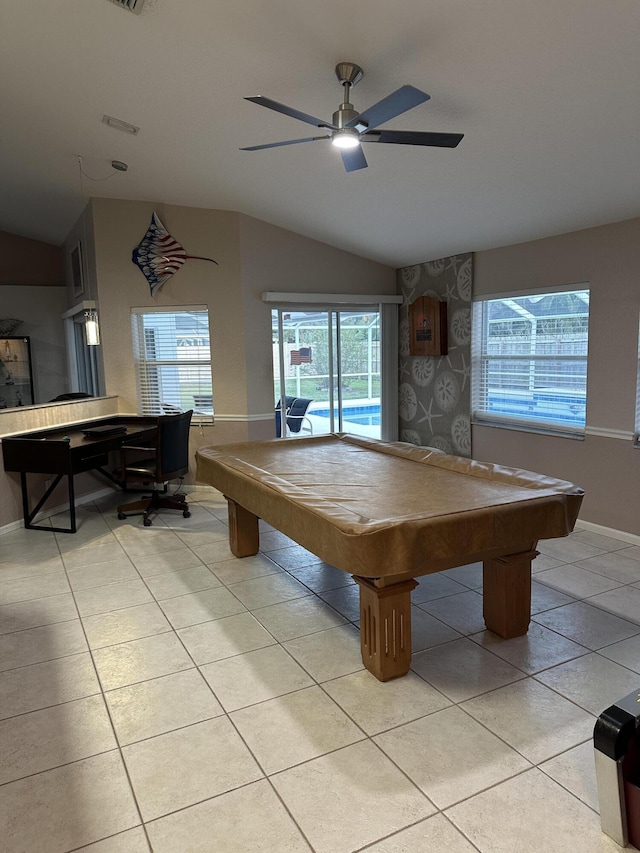 rec room featuring pool table, lofted ceiling, light tile patterned flooring, and ceiling fan