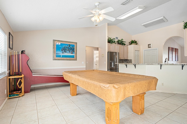 recreation room featuring visible vents, billiards, light tile patterned floors, lofted ceiling, and ceiling fan