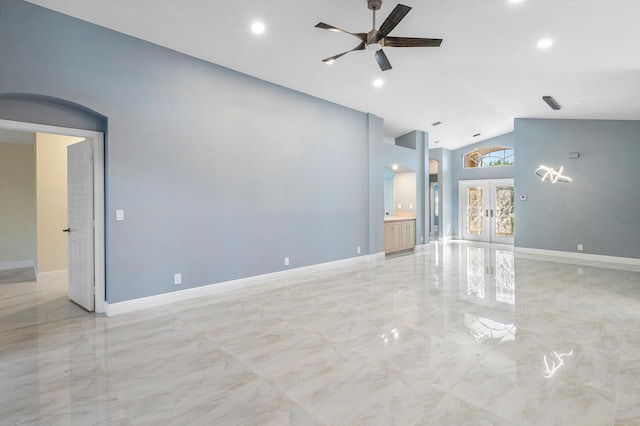 13853 Via Da Vinci, Delray Beach, FL 33446 - unfurnished living room with light marble finish floors, ceiling fan, high vaulted ceiling, recessed lighting, and baseboards