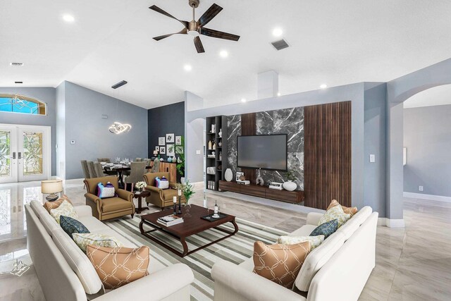 13853 Via Da Vinci, Delray Beach, FL 33446 - living area featuring arched walkways, vaulted ceiling, a ceiling fan, recessed lighting, and baseboards