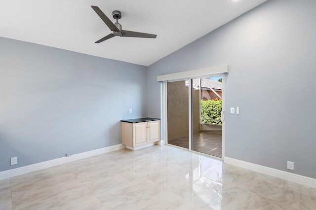 13853 Via Da Vinci, Delray Beach, FL 33446 - empty room featuring light marble finish floors, a ceiling fan, baseboards, and high vaulted ceiling