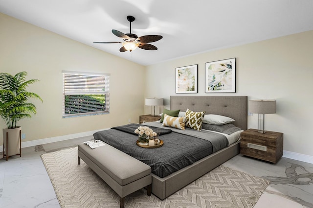13853 Via Da Vinci, Delray Beach, FL 33446 - bedroom with light marble finish flooring, baseboards, lofted ceiling, and ceiling fan