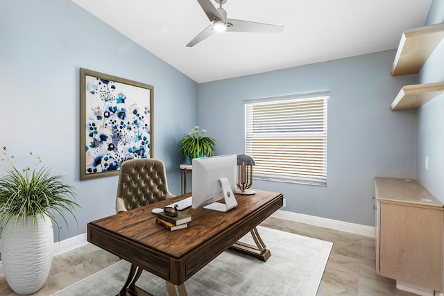 13853 Via Da Vinci, Delray Beach, FL 33446 - office with a ceiling fan, vaulted ceiling, and baseboards