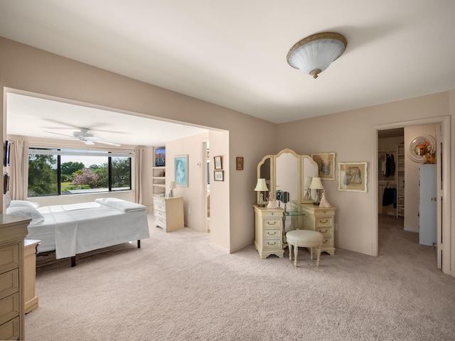 bedroom with a spacious closet and light carpet