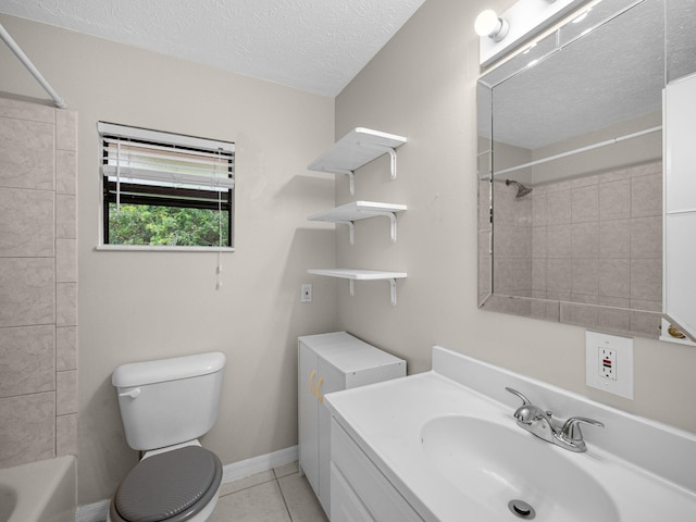 full bath with tile patterned flooring, tub / shower combination, baseboards, toilet, and a textured ceiling