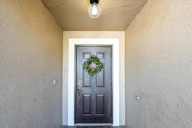 view of exterior entry with stucco siding