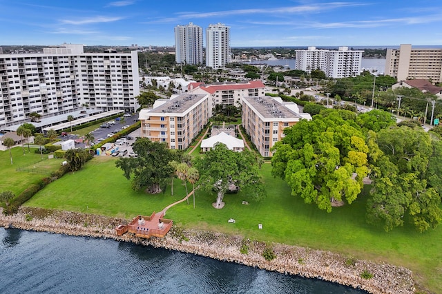 aerial view with a view of city and a water view