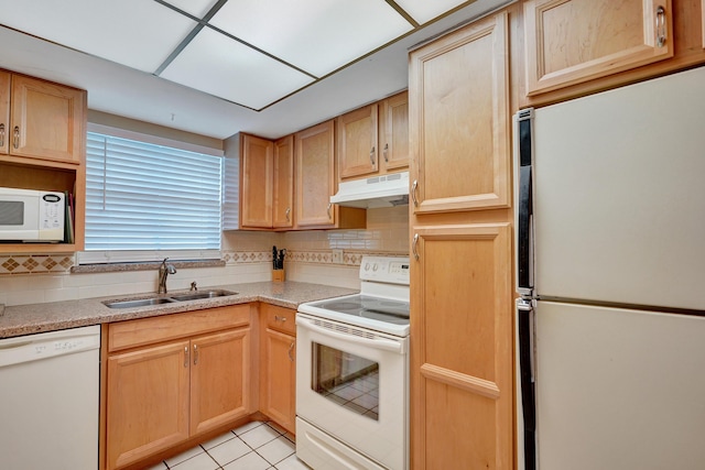 kitchen featuring a sink, white appliances, tasteful backsplash, and under cabinet range hood