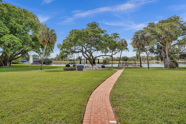 view of property's community with a lawn and a water view