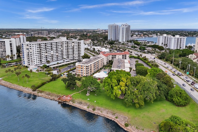 aerial view with a view of city and a water view