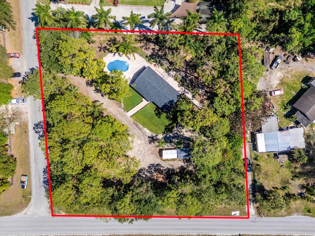 aerial view of property's location with property parcel outlined and a pool