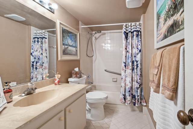 full bathroom with tile patterned floors, visible vents, toilet, shower / bath combination with curtain, and vanity