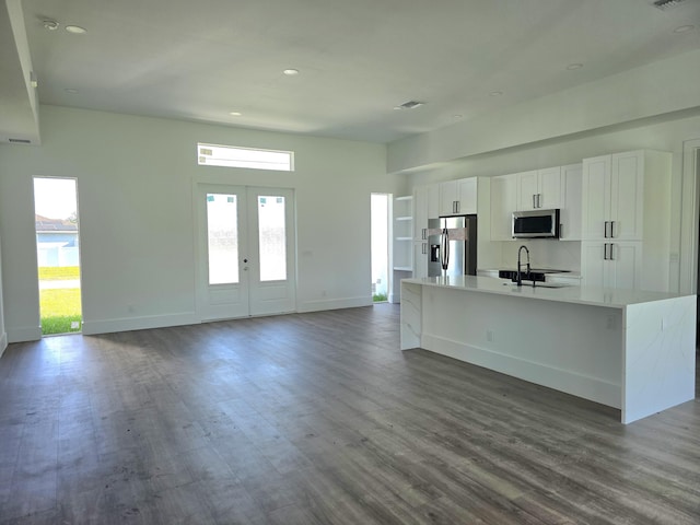 kitchen with a sink, plenty of natural light, dark wood-style floors, and stainless steel appliances