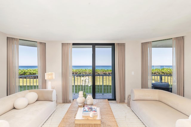 living area featuring plenty of natural light and a water view