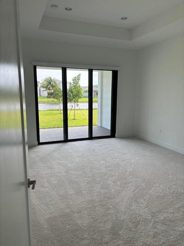 spare room featuring carpet flooring, a raised ceiling, and baseboards