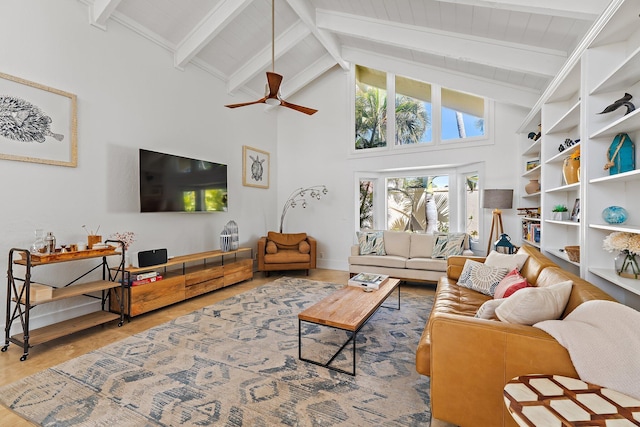 living room with baseboards, beam ceiling, wood finished floors, high vaulted ceiling, and a ceiling fan