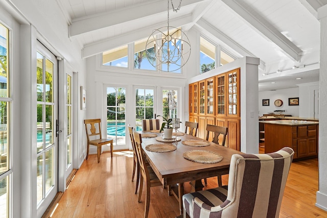 dining area featuring a wealth of natural light, french doors, beam ceiling, and light wood-style floors