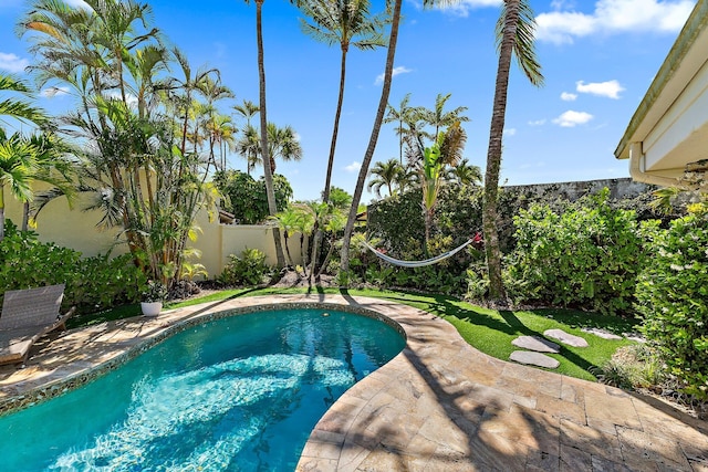 outdoor pool with a patio and a fenced backyard